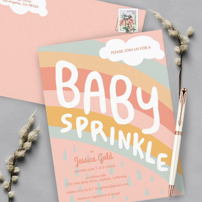 BABY SPRINKLE Cute Clouds Rainbow Rain Custom  Invitation Postcard (BABY SPRINKLE Cute Clouds Rainbow Rain Custom Invitation Postcard
Pink Girly)