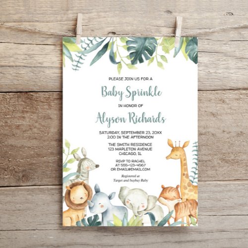 Baby sprinkle cute safari animals gender neutral invitation