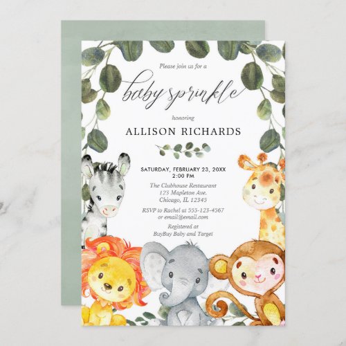 Baby sprinkle gender neutral cute animals greenery invitation