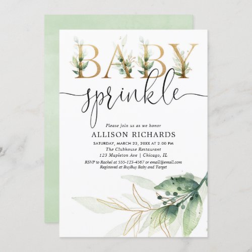 Baby sprinkle gender neutral greenery gold invitation