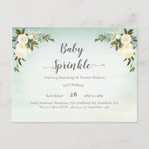 Baby Sprinkle Green White Roses Postcard