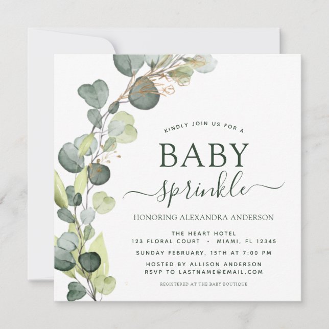 Baby Sprinkle Greenery Eucalyptus Succulent Invitation (Front)