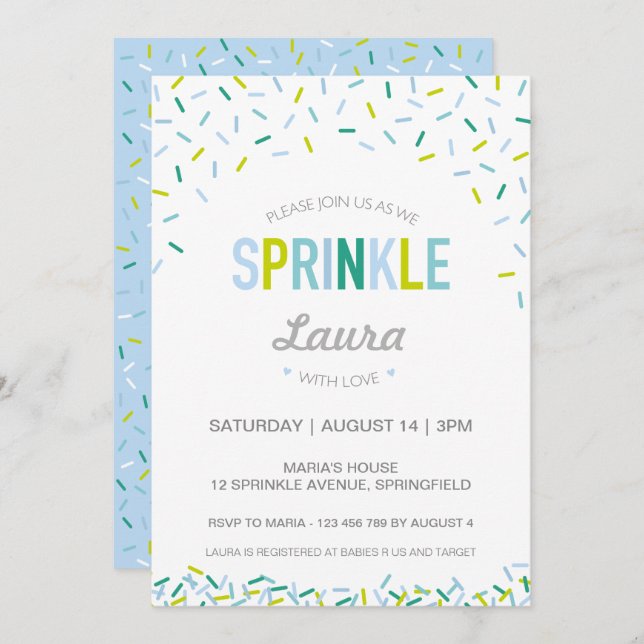 Baby Sprinkle Invitation, Blue / Green Sprinkles Invitation (Front/Back)