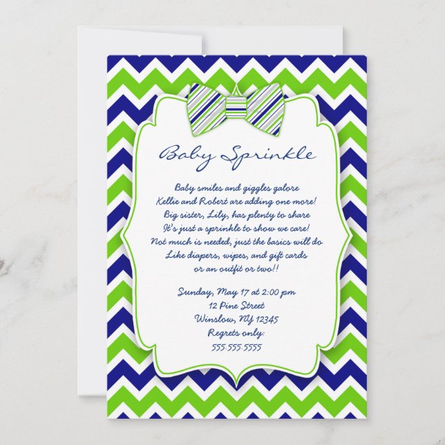 Baby Sprinkle Navy Green Bow tie shower invite (Front)