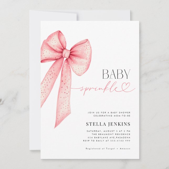 Baby Sprinkle Pink Bow Baby Shower Invitation (Front)
