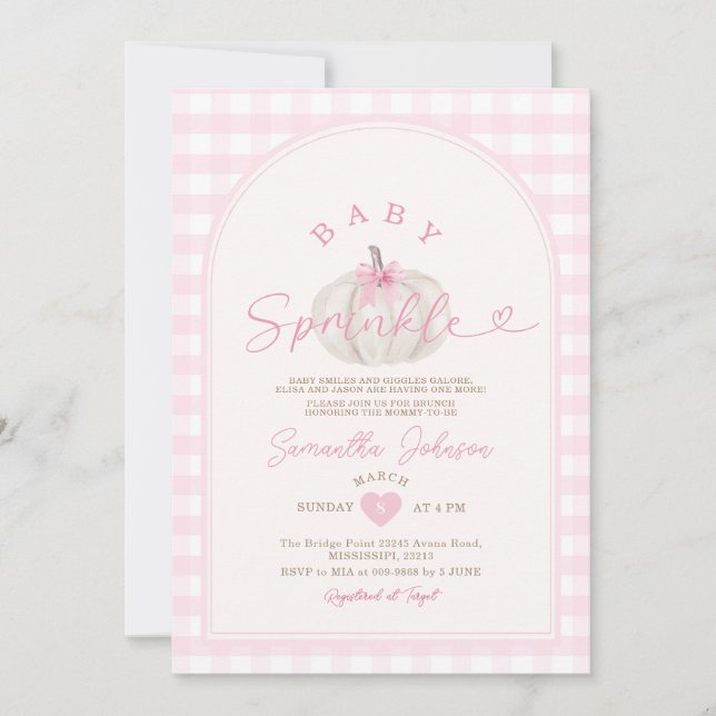 Baby Sprinkle Pink Gingham White Pumpkin Invitation (Front)