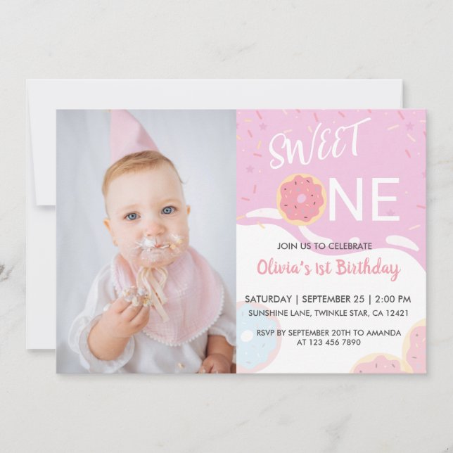 Baby Sprinkle Pink Sweet One Girl's 1st Birthday Invitation (Front)