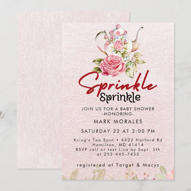 Baby Sprinkle Pink Tea Party Watercolor Invitation (Front/Back)