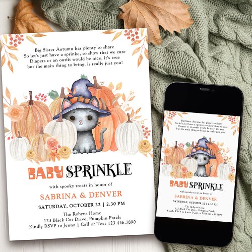 Baby Sprinkle Poem Cat in Witch Hat Baby Shower Invitation
