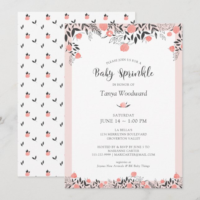 Baby Sprinkle Rose Gold Blush Pink Gray Floral Invitation (Front/Back)