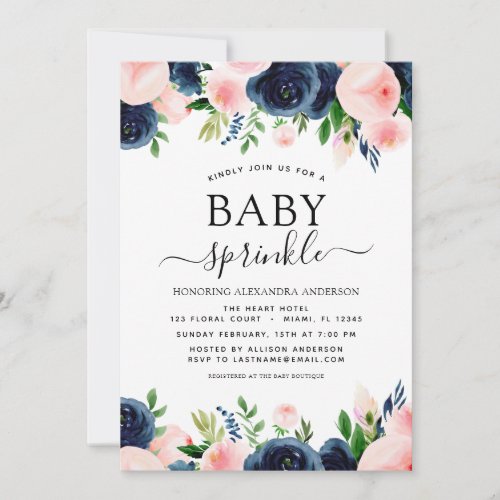 Baby Sprinkle Shower Navy Blue Blush Pink Floral Invitation