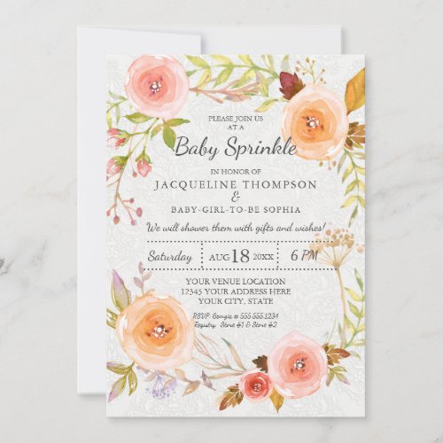Baby Sprinkle Typography Watercolor Floral Wreath Invitation