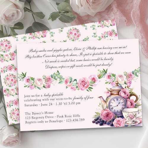Baby Sprinkle Vintage Tea Party Pink Roses Shower Invitation