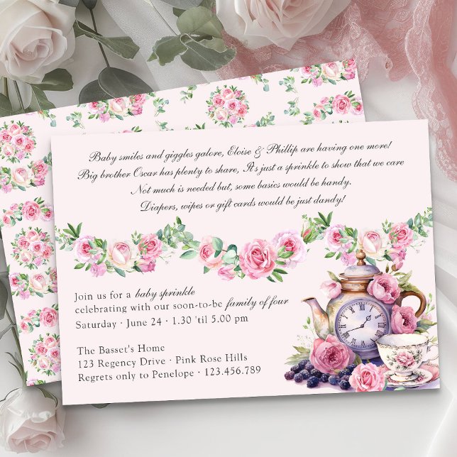 Baby Sprinkle Vintage Tea Party Pink Roses Shower Invitation (Baby Sprinkle Baby Shower Invitation Vintage Tea Party Baby Shower Collection)
