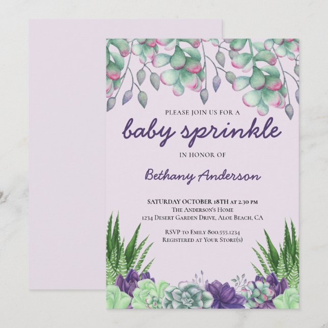 Baby Sprinkle Watercolor Succulent Plants Invitation (Front/Back)