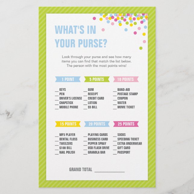 Baby Sprinkle What's in your Purse Game - Green Stationery (Front)