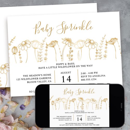 Baby Sprinkle Wildflower Gold Sketch Baby Shower Invitation