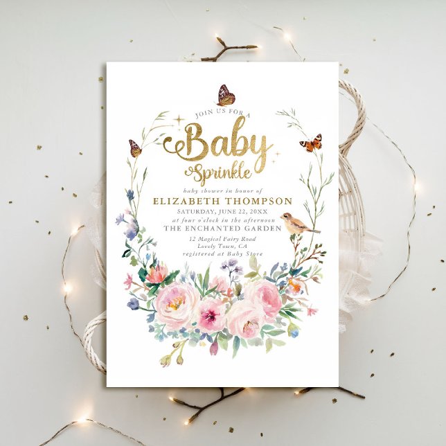 Baby Sprinkle Wildflowers Butterflies Baby Shower Invitation (baby sprinkle baby shower invitation enchanted garden woodland forest spring summer wildflowers)