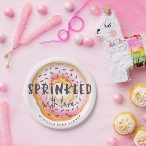 Baby sprinkled pink cute modern donut shower party paper plates