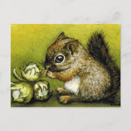 Baby squirrel and hazelnuts postcard