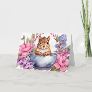 Baby Squirrel in the Teacup with Flowers Card