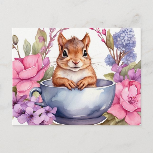 Baby Squirrel in the Teacup with Flowers  Postcard (Front)