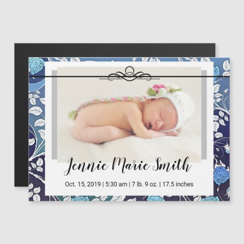 Baby Stats Announcement Blue Floral Fancy Script