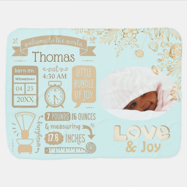 Baby Stats Birth Announcement Custom Colors Baby Blanket (Horizontal)