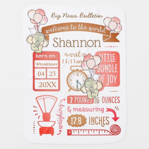Baby Stats Birth Announcement Elephant w Balloons Baby Blanket