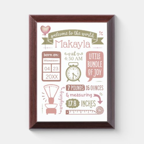 Baby Stats Birth Announcement in Pink Award Plaque