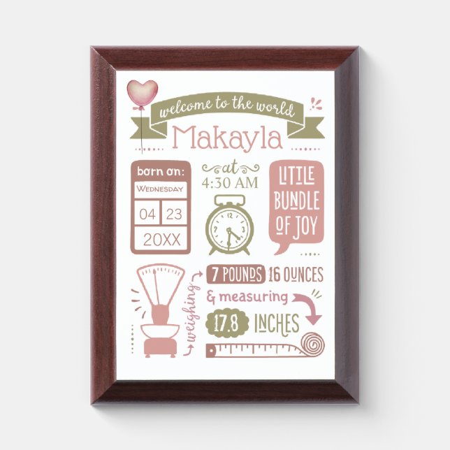 Baby Stats Birth Announcement in Pink Award Plaque (Vertical)