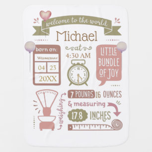 Baby Stats Birth Announcement Mauve Pink Green Baby Blanket