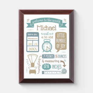 Baby Stats Birth Announcement Tan and Blue Award Plaque