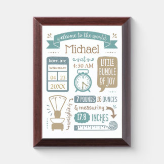 Baby Stats Birth Announcement Tan and Blue Award Plaque