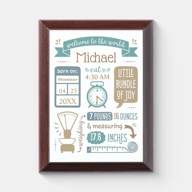 Baby Stats Birth Announcement Tan and Blue Award Plaque (Vertical)
