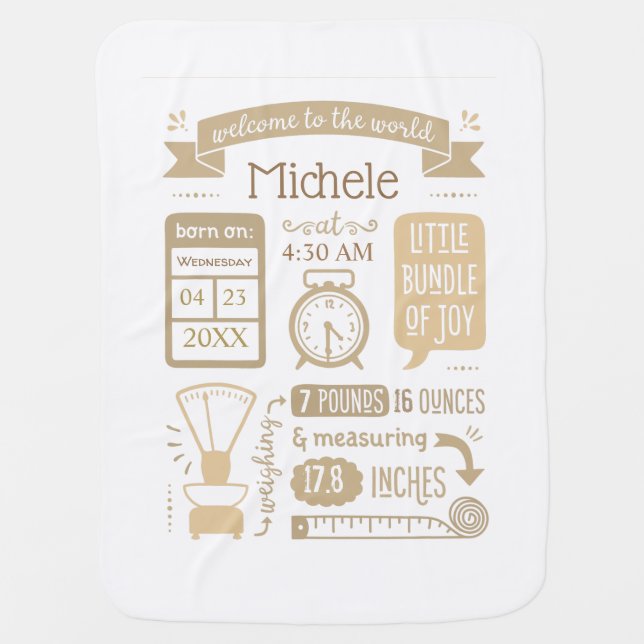 Baby Stats Birth Announcement Tan and white Baby Blanket (Front)