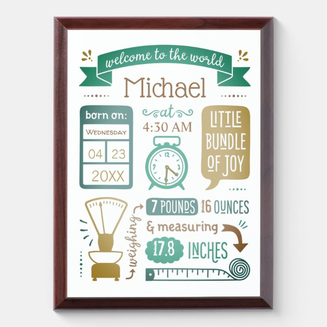 Baby Stats Birth Announcement Tan Teal Turquoise Award Plaque (Vertical)