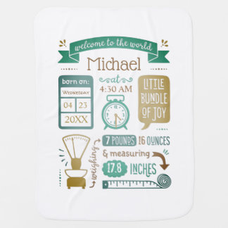 Baby Stats Birth Announcement Tan Teal Turquoise Baby Blanket