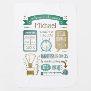 Baby Stats Birth Announcement Tan Teal Turquoise Blanket