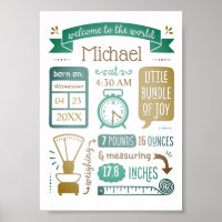 Baby Stats Birth Announcement Tan Teal Turquoise Poster