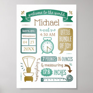 Baby Stats Birth Announcement Tan Teal Turquoise Poster