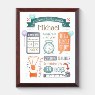 Baby Stats Birth Announcement Teal Blue, Orange Award Plaque