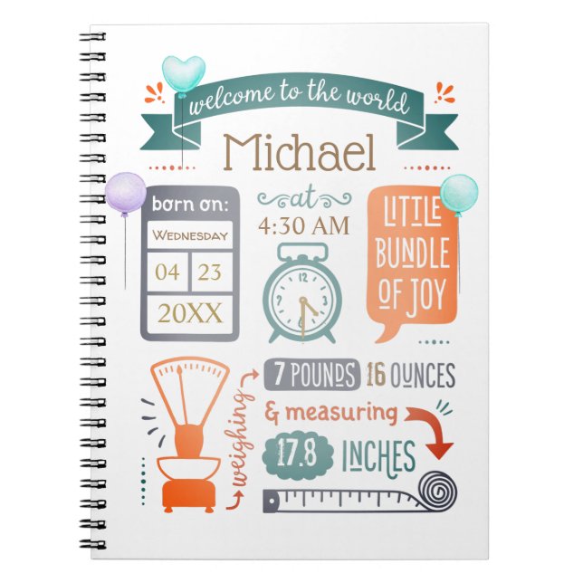 Baby Stats Birth Announcement Teal Blue, Orange Notebook (Front)