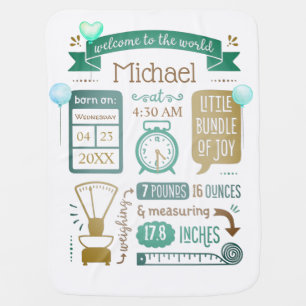 Baby Stats Birth Announcement Teal, Blue, Tan Baby Blanket