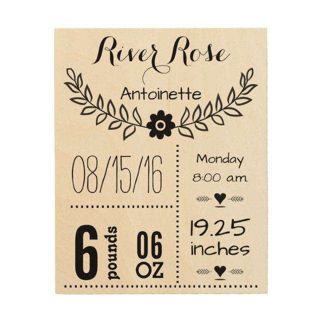 Baby Stats Birth Record on Wood Canvas (Front)