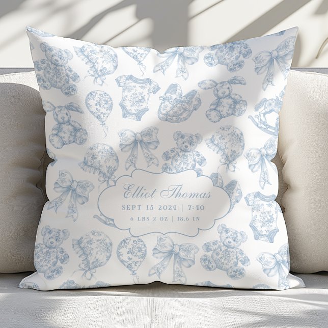 Baby Stats Blue Toile Nursery Throw Pillow (Creator Uploaded)