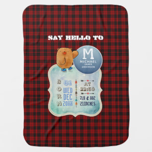 Baby STATS Buffalo Plaid Rustic Announcement Baby Blanket