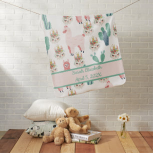 Baby Stats Cute Pink Llama's and Green Cactus  Bab Blanket