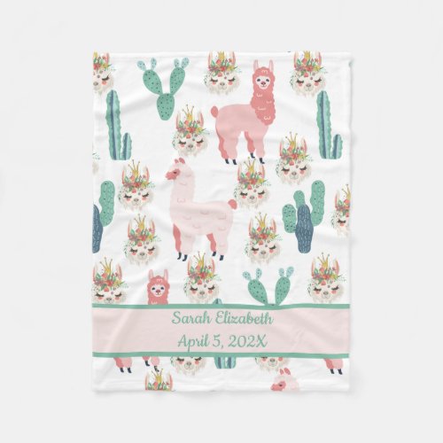 Baby Stats Cute Pink Llamas and Green Cactus Baby Fleece Blanket
