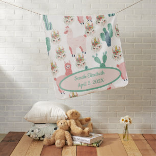 Baby Stats Cute Pink Llama's and Green Cactus  Blanket